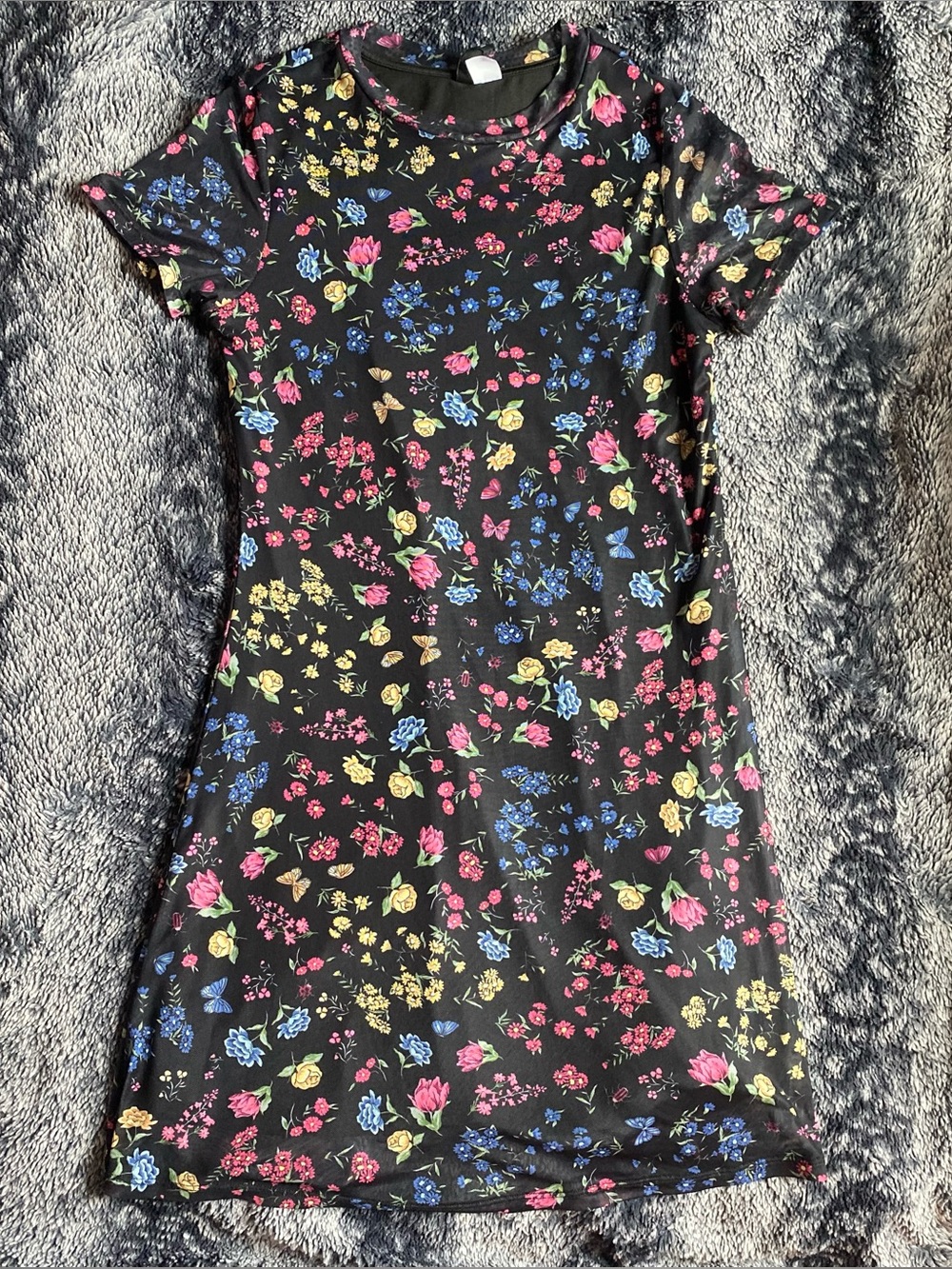 H&M Divided Women’s Medium Black Floral Mesh Layered Short Sleeve Dress